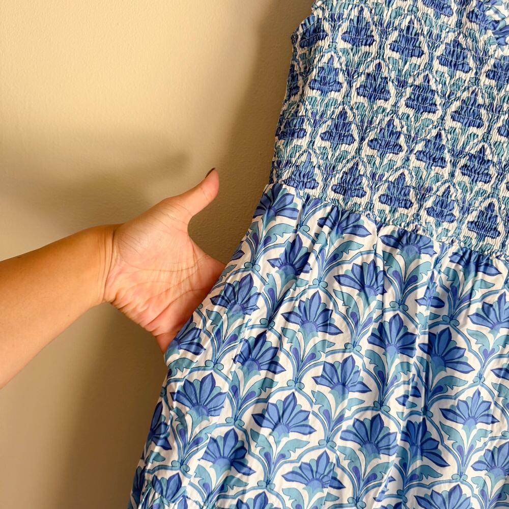 Sugar Lips Blue + White Geo Sunfire Elyse Tiered Cap Sleeve Midi Dress Medium - Picture 3 of 12